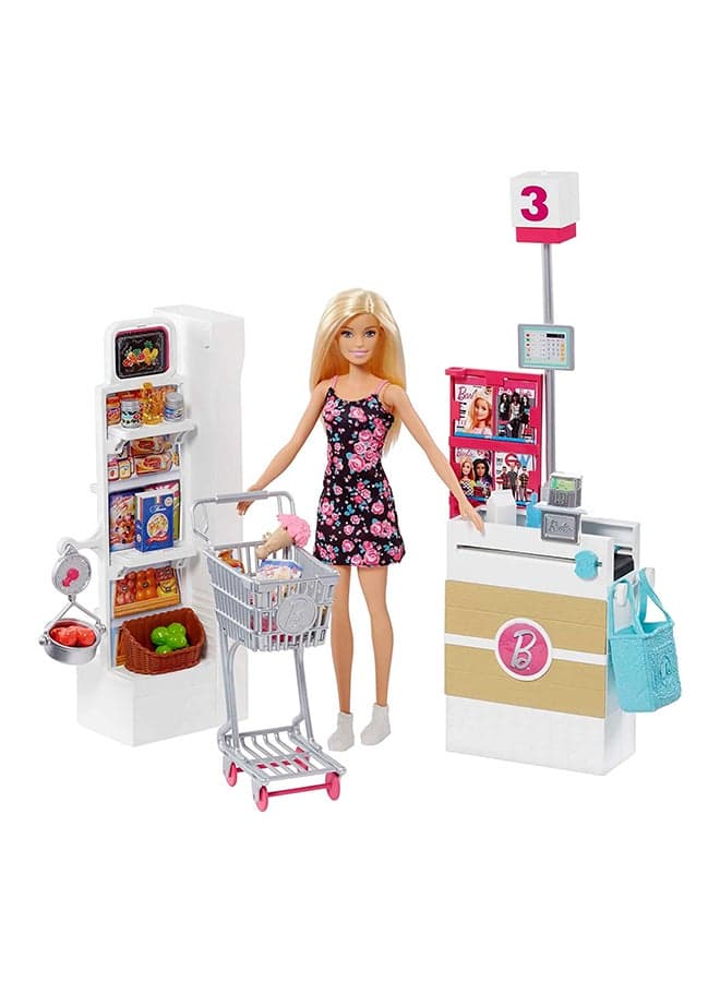 Supermarket Playset with Blonde Doll and Grocery Store With Rolling Cart And Working Belt 25 pieces