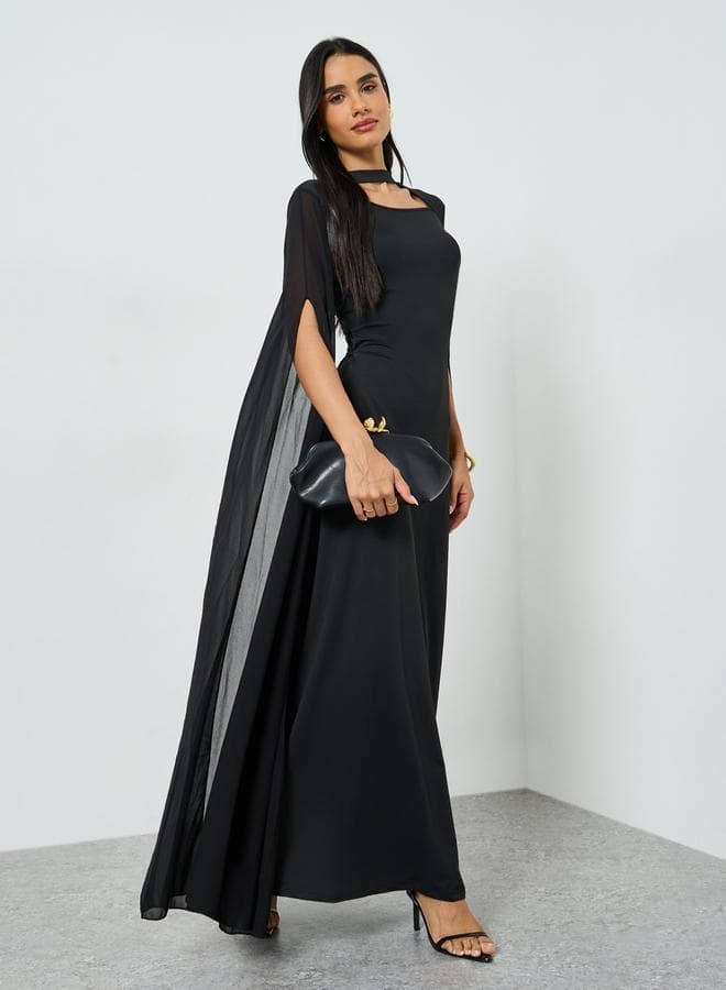 Black Keyhole Neck Maxi Dress with Slit Sleeves