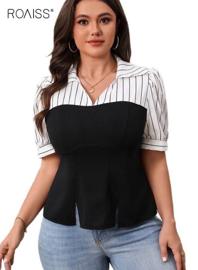 Women Fake Two Piece Blouse with Split Hem, V Neck Puff Sleeve Shirt with Striped Design, Elegant Slim Fit Tops for Ladies, Suitable for Office, Dating and Daily Wear