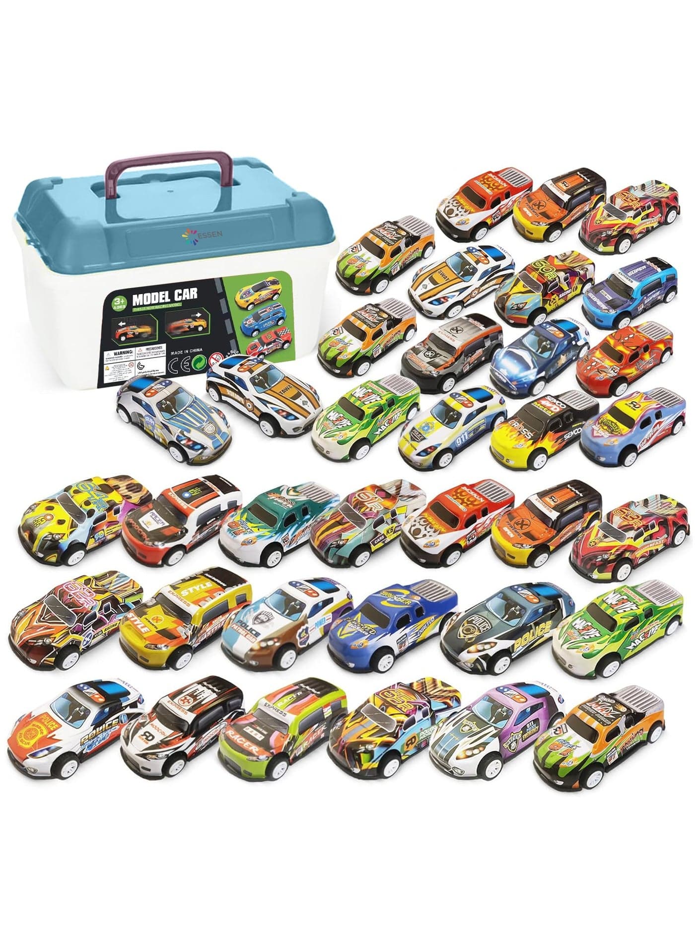 36 Pcs Toys Cars Party Favors Pull Back Race Cars Toy Mini Kids Toys for Boys Girls Toddlers Party Goodie Bag for 3-10 Years Old Kids Boys Girls Gift with Map and Storage Box