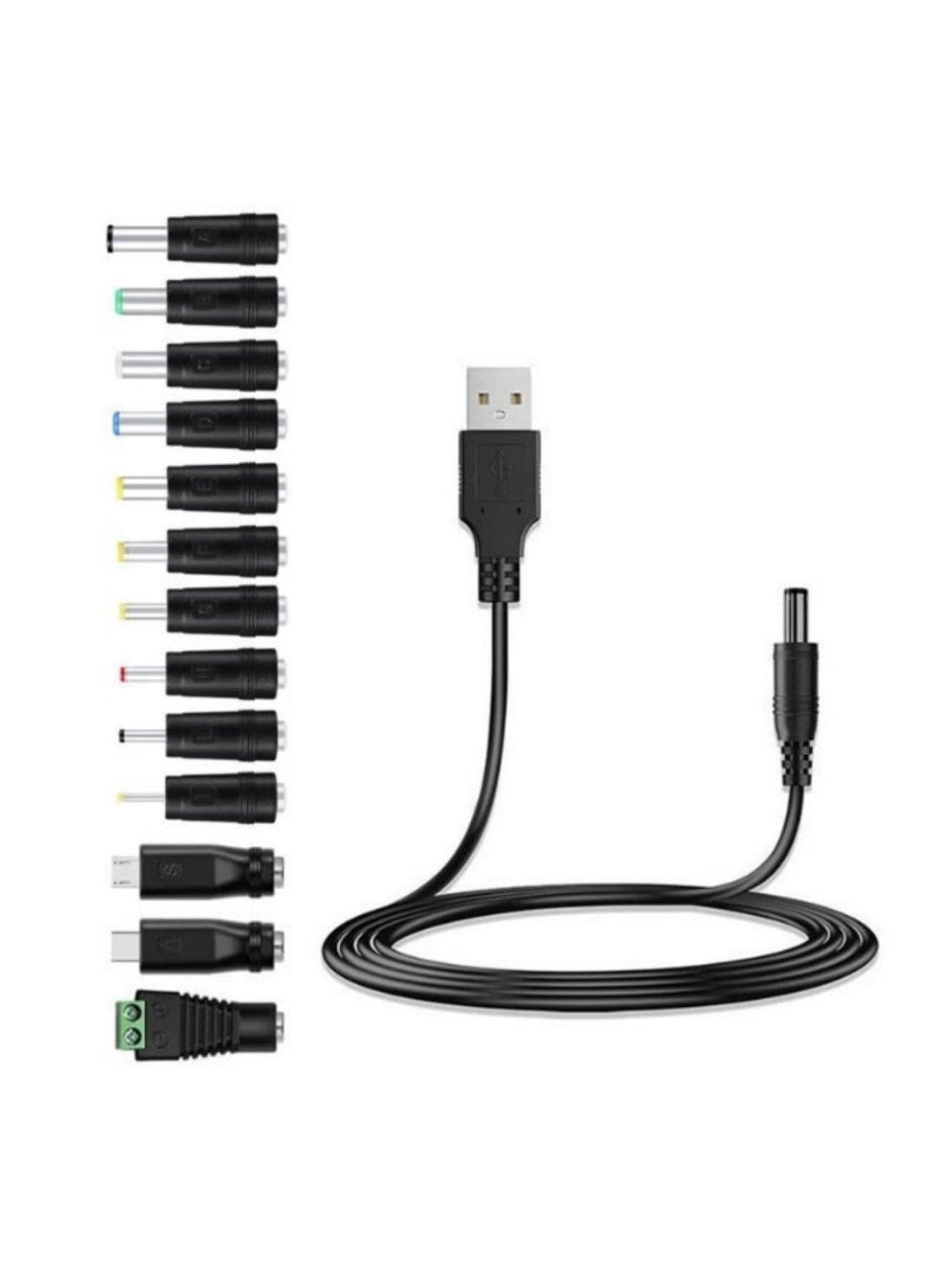 5V USB to DC Charging Cable, DC 5.5 x 2.1mm with 13 Connectors, 3.3FT, Universal Power Cord for Toys, Watches, Fans, Speakers, Headsets, Monitors, Table Lamps, Phones, LED Light Strips, Routers (Black)