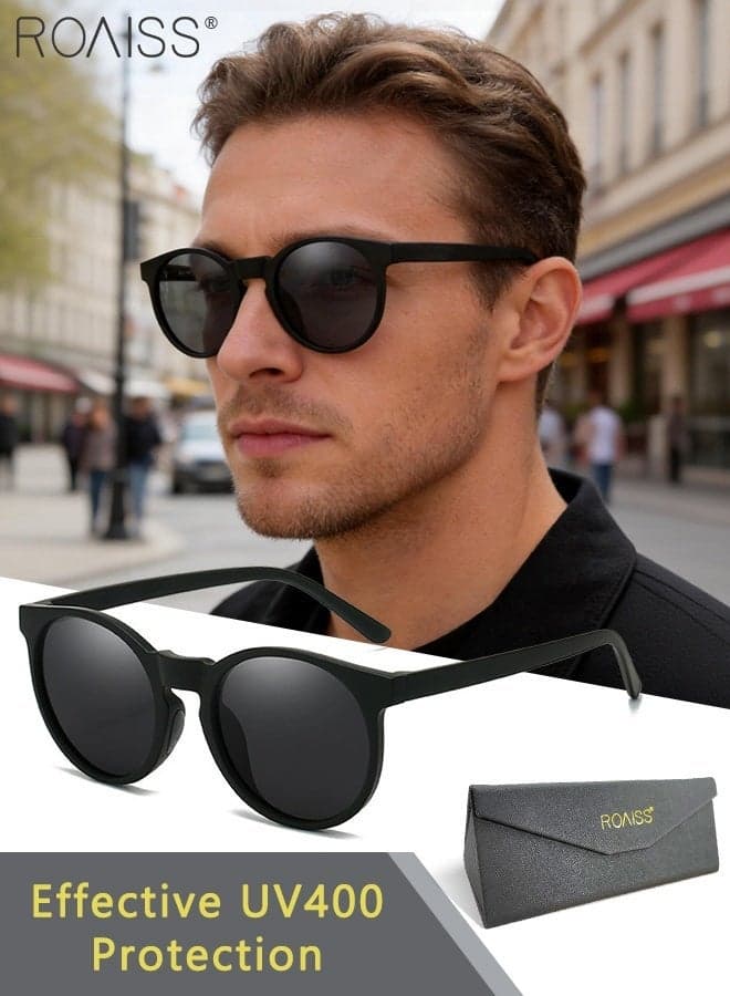 Round Polarized Sport Driving Sunglasses for Men , UV400 Protection Sun Glasses with TAC Lens, Fashion Anti-Glare Sun Shades for Men Driving, Fishing, Traveling, Black, 50mm