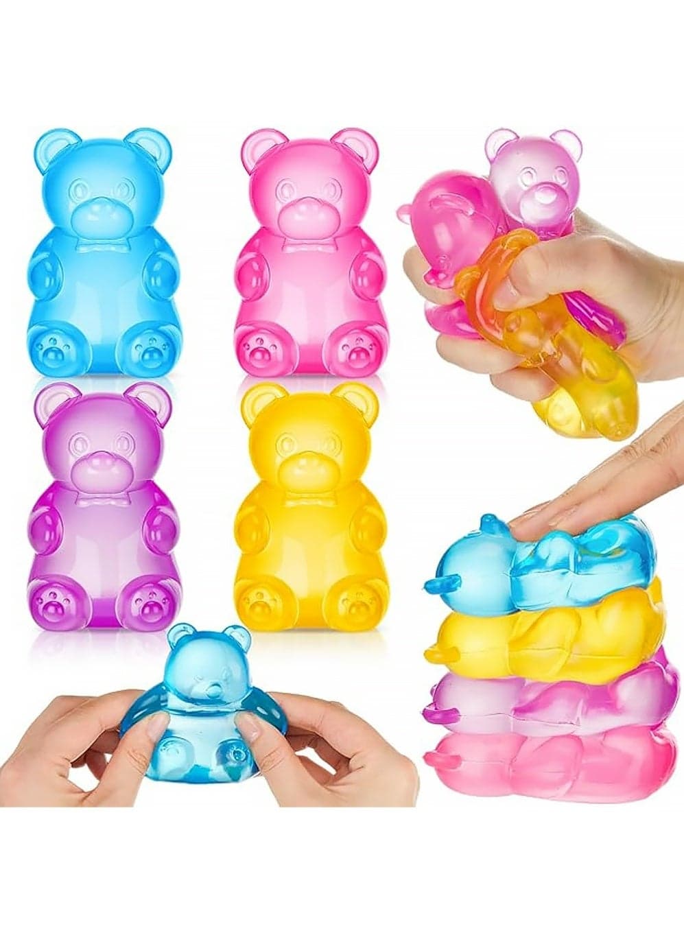4PCS Squishy Fidget Toys Adults, Gummy Bear Stress Bear Squishy Balls, Sugar Filled Squishy Toys for Kids Stress Relief, High Density Squeeze Balls for Students Calming, Ultra Soft Fidget Toys for Anxiety Relief