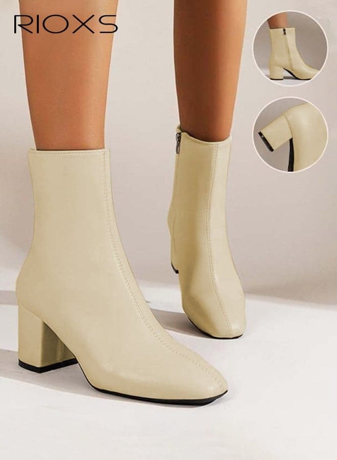 Women's Ankle Boots, 6.5cm High-Heeled Western Cowboy Boots, Ladies Solid Color Ankle Boot, Fashion Suqre Round Toe Leather Booties, Chunky Block Heel Boots for Women, Spring Autumn Winter Pump Shoes with Side Zipper, Dress Ankle Boot for Female, Stylish Footwear Womens Boots