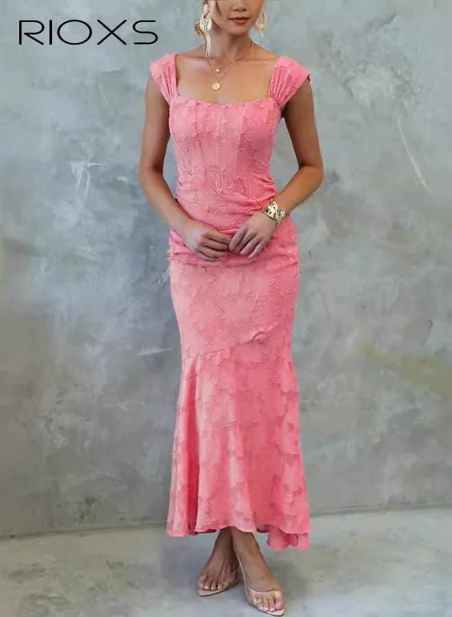 Women's Square Neck Fishtail Maxi Dresses, Corset Ruched High Wasit Bodycon Evening Dress for Ladies, Floral Embroidery Formal Dress with Asymmetrical Hemline, Elegant Formal Dress with Zipper for Party Prom Wedding Dating and More, Pink