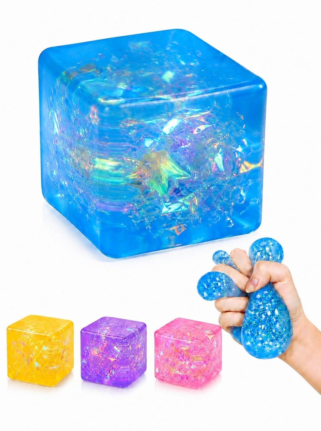 Blue Transparent Cube Squeeze Ball for Kids, Soft Squishy Sensory Squeeze Toy with Sparkling Details, Flexible Handheld Novelty Toy, Ages 3+