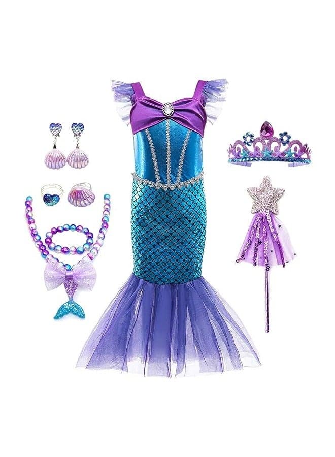 Mermaid Dress Girls Party Cosplay Girl Clothing Birthday Princess Dress Kids Costume With Princess Jewelry Crown Set