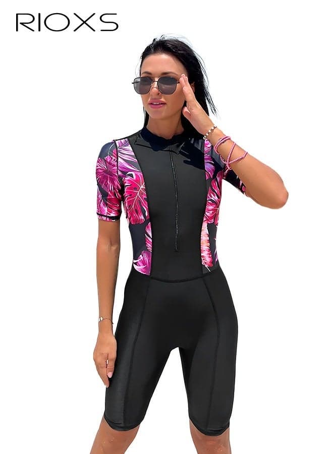 Women's One Piece Swimsuits, Rash Guard Zip Front Short Sleeve Long Leg Bathing Suits, UV Sun Protection Floral Stripe Swimwear for Ladies, Slim Swimming Suit Surfing Sports Swimwear for Rafting/ Canoeing/ Beach/ Water Park