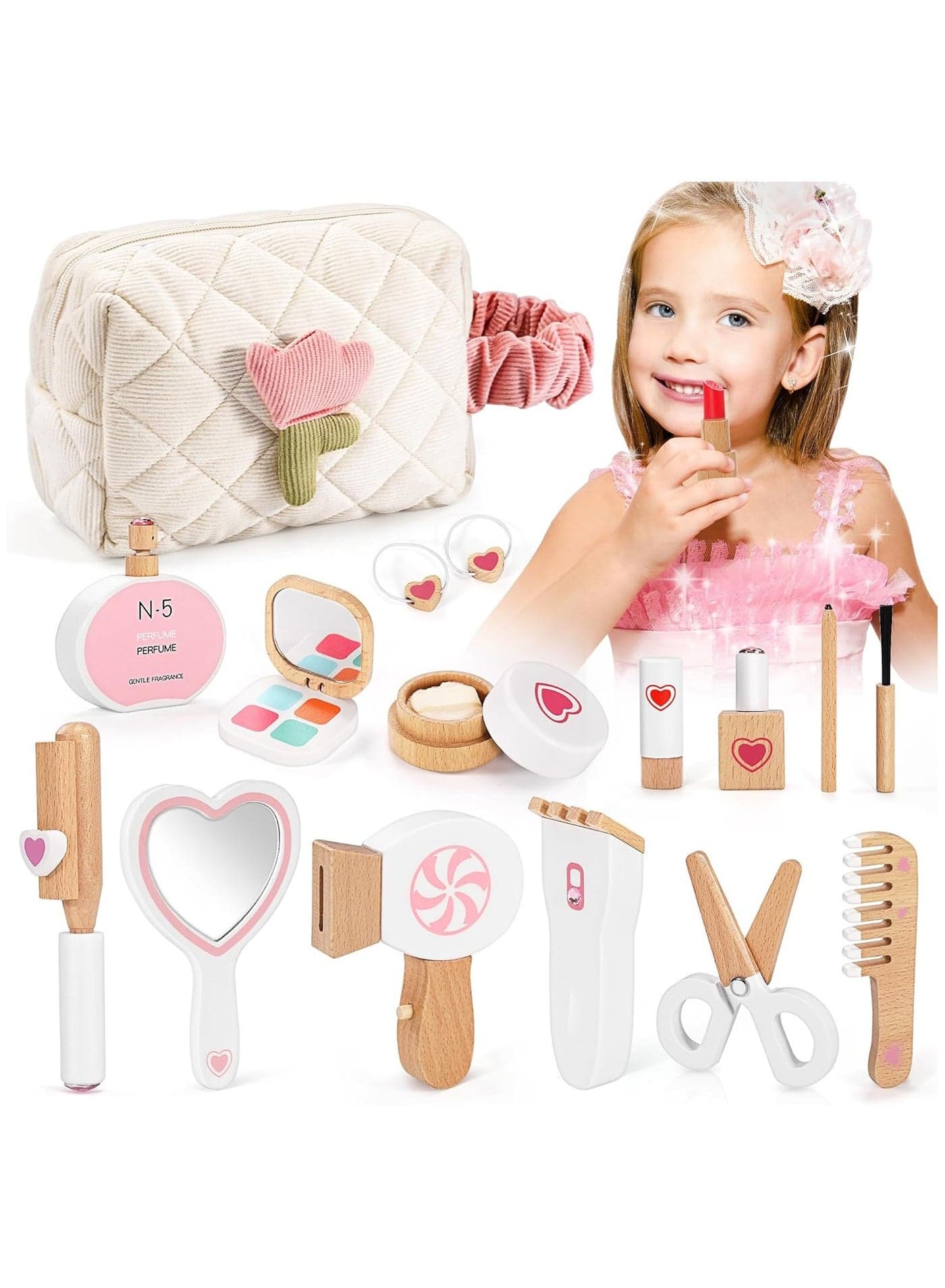 16-Piece Wooden Makeup Toy Set, Pretend Play Makeup Kit for Toddlers & Little Girls Aged 3-8, Pretend Makeup and Beauty Salon Toys,Birthday Gifts for Toddler Kids