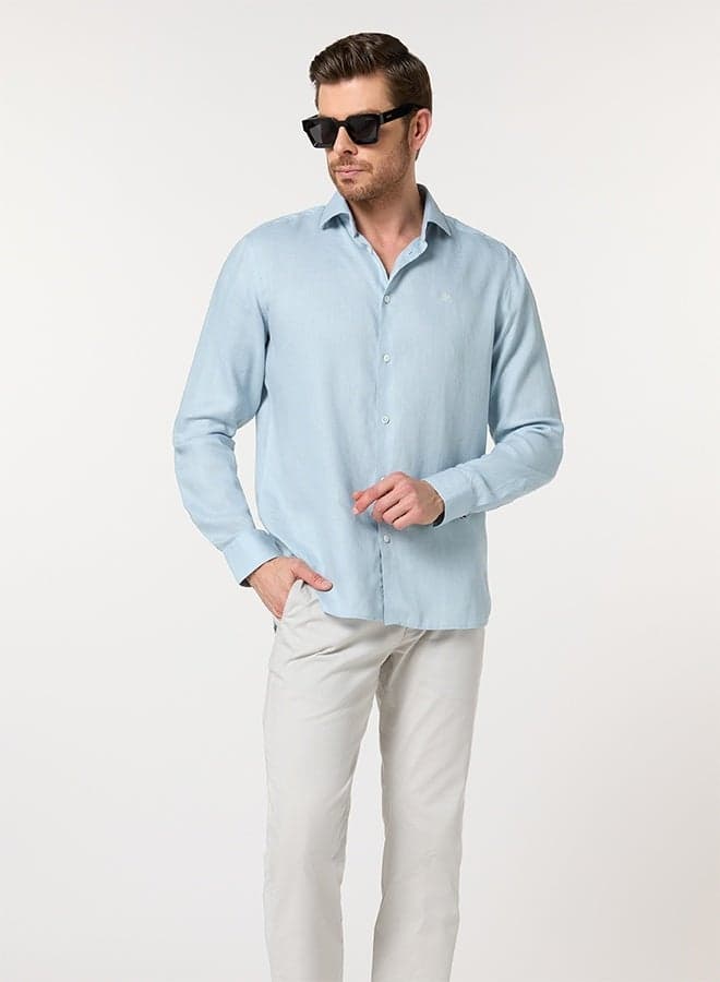 The Ocean Mist Sea Blue Easy Care Linen Shirt with Fresh Texture