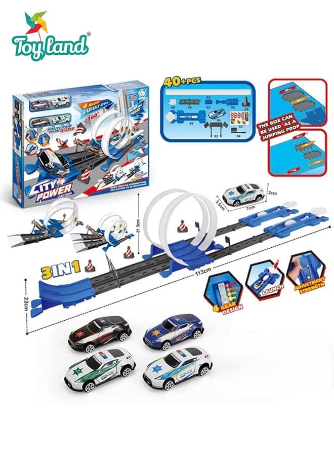 Toyland 3-in-1 Double Loop Racing Track Set, Adjustable Power Launcher with Metal Toy Cars ,40-Piece Stunt & Jumping Playset for Kids - Assorted Colors