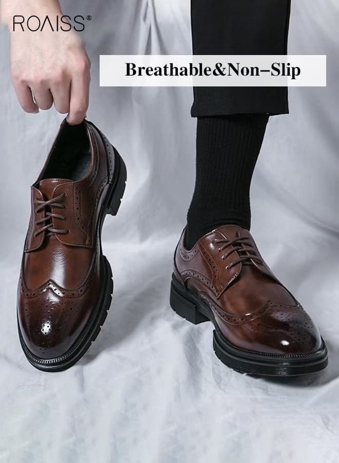 Formal PU Leather Shoes for Men Round Toe Brogue Pattern Breathable Non Slip Shoes Mens Burnished Premium Textured Dress Shoes Brown Business Casual Wedding Party Brown