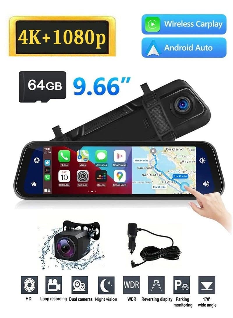 4K Dash Cam, Front and Rear Car Camera, 9.66 inch Full Screen Carplay Streaming Media Rearview Mirror Driving Recorder, WIFI Front and Rear Dual Recording HD Night Vision