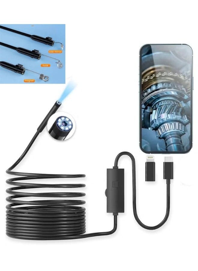 5M Smartphone Wired Endoscope Inspection Camera 1080P HD Waterproof IP68 Borescope with 8 Adjustable LED Lights, Semi-Rigid Cable, USB OTG Type-C & Lightning Compatible for Android & iPhone, Pipe Drain Sewer Wall Engine HVAC Automotive Inspection Camera with Mirror Hook Magnet & USB Adapters