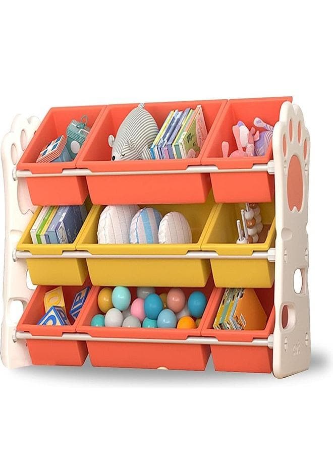 Multi-Bin Kids Toys Organizer, Large Capacity Toy Organizer Rack 3 Tiers Shlef with 9 Storage Bins for Toys and Books Storage