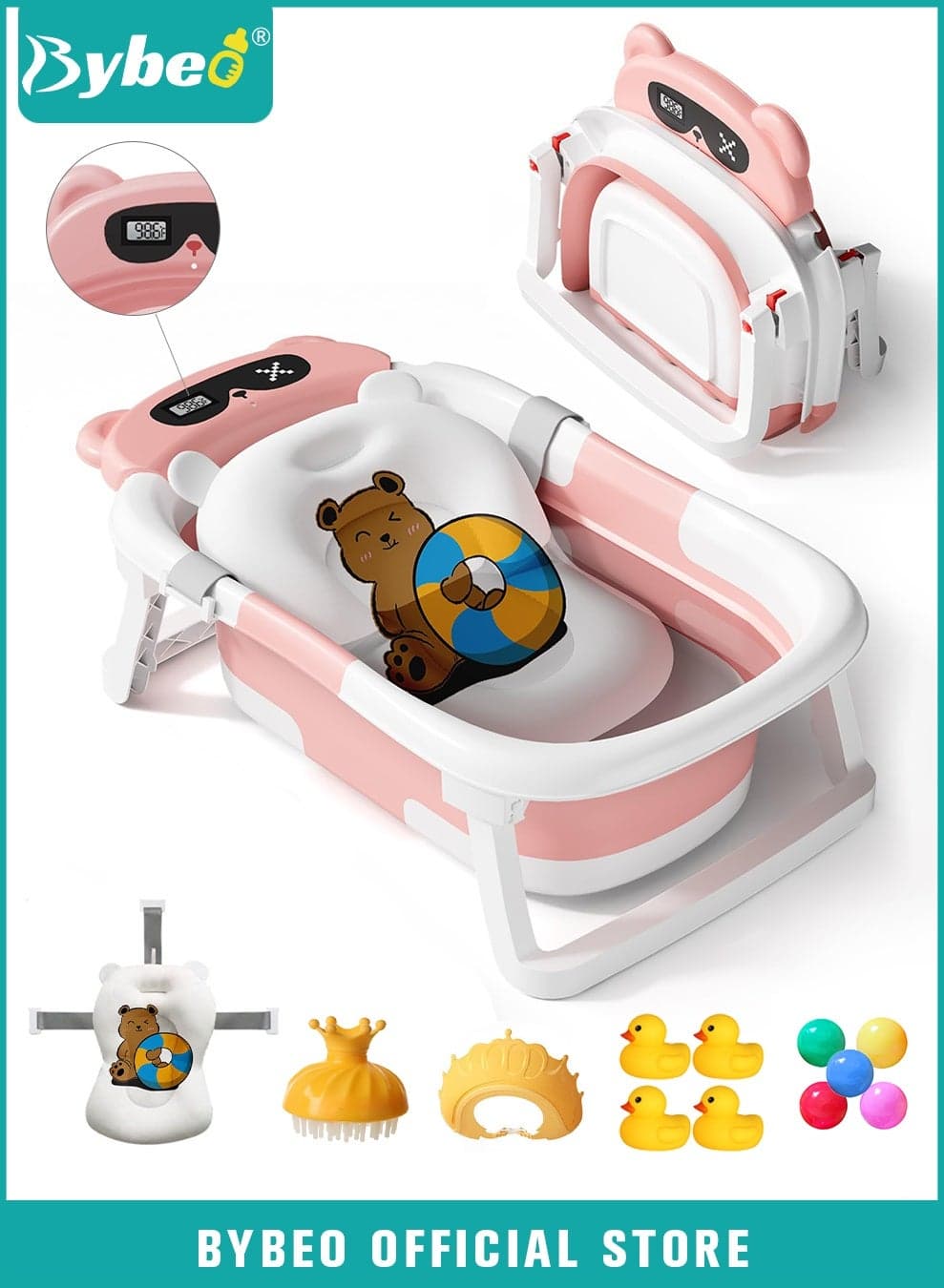 13 PCS Baby Bath Tub Foldable Bathtub With Temperature Sensing + Bathmat Cushion + Shower Cap + Washing Hair Shower Shampoo Cup *1 + Duckling toys *4 + Ocean Balls *5