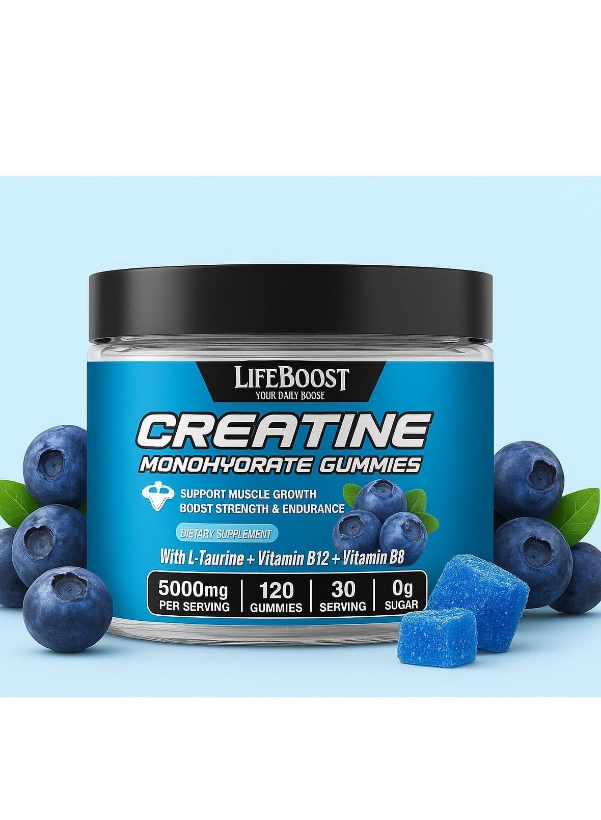 Creatine Monohydrate Gummies 5000mg for Men & Women, 120 CT Chewable Creatine Monohydrate for Muscle Support, Energy Boost, 5g of Creatine Monohydrate per Serving - Sugar Free,Vegan (Blueberry Flavor)