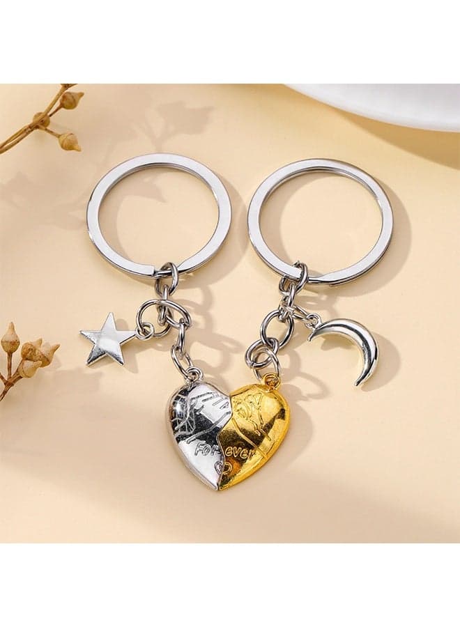 Couples and Best Friends Exclusive 'Two Hearts, One Spirit' Keychain, Creative Matching Key Ring, Relationship Accessory, Moon and Star Decoration, Gold and Silver Combined