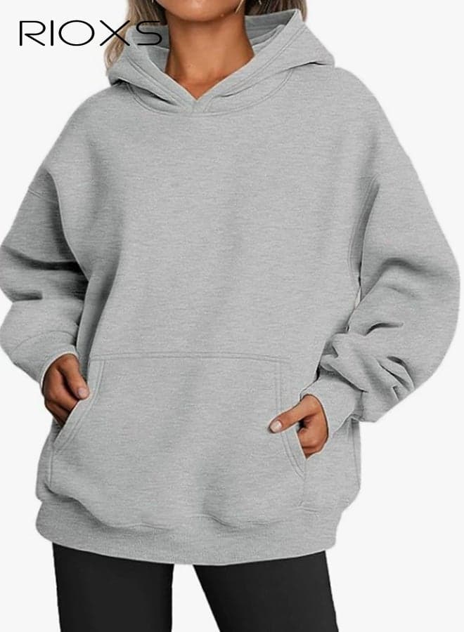 Women's Oversized Hoodies, Trendy Loose Fit Sweatshirts for Ladies, Long Sleeve Casual Hooded Pullover Tops with Kangaroo Pocket, Comfortable Winter Fall Outfits Hooded Sweatshirts for Office, Party, School, Running, Sport, Gym and More, Grey