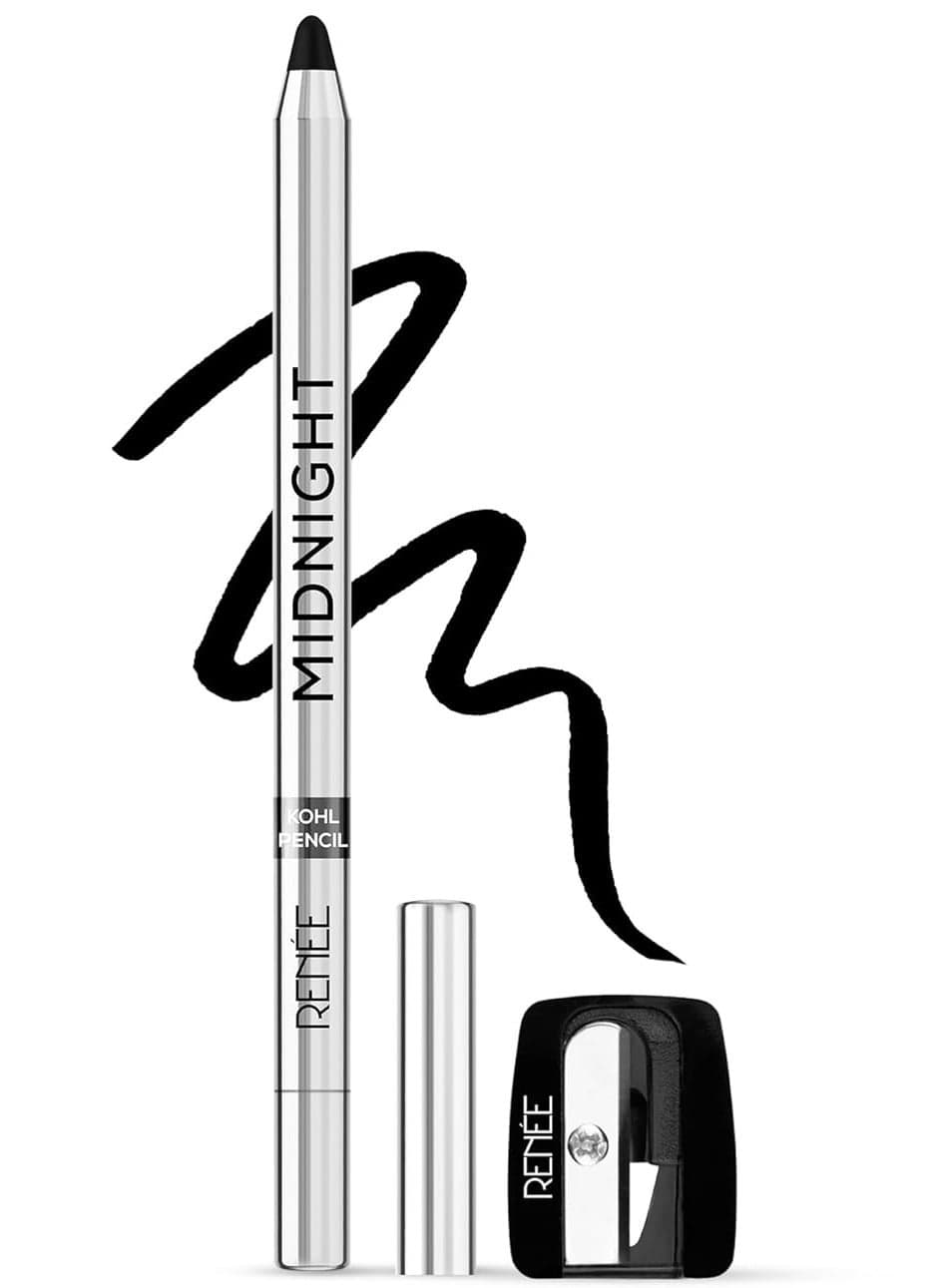 RENEE Midnight Kohl Pencil Smudgeproof and Waterproof Kajal 24 Hrs Long Stay Darkest Black One Swipe Application Rich Color Payoff Vitamin E Olive Oil and Castor Oil 1.5 Gm