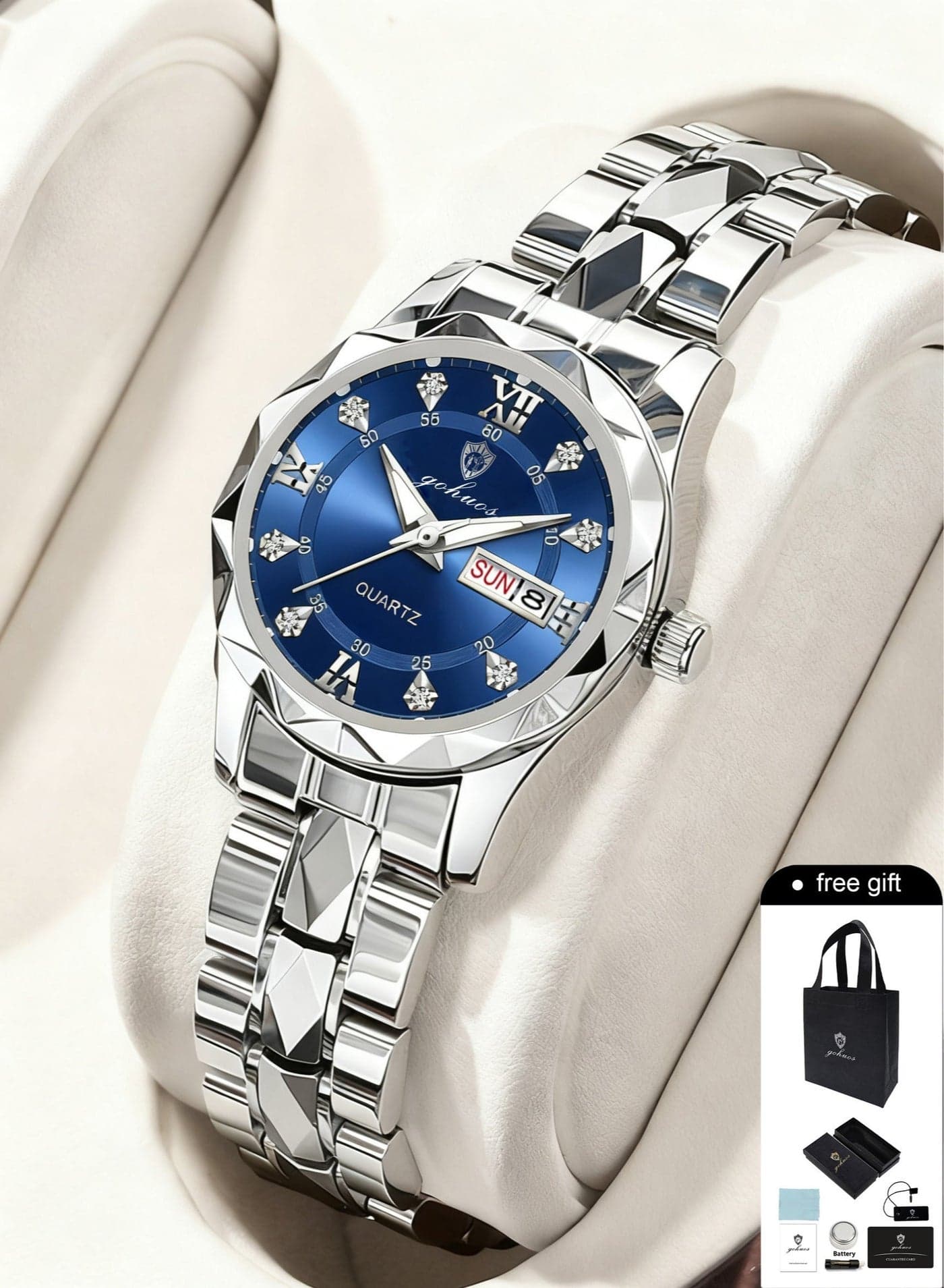 Women Quartz Watches, Top Brand Luxury Fashion Ladies Analog Waterproof Luminous Date Stainless Steel Band Wrist Watch - 28mm - Sliver/Blue - Mother or Girlfriend Gift & Eid Ramadan Gifts