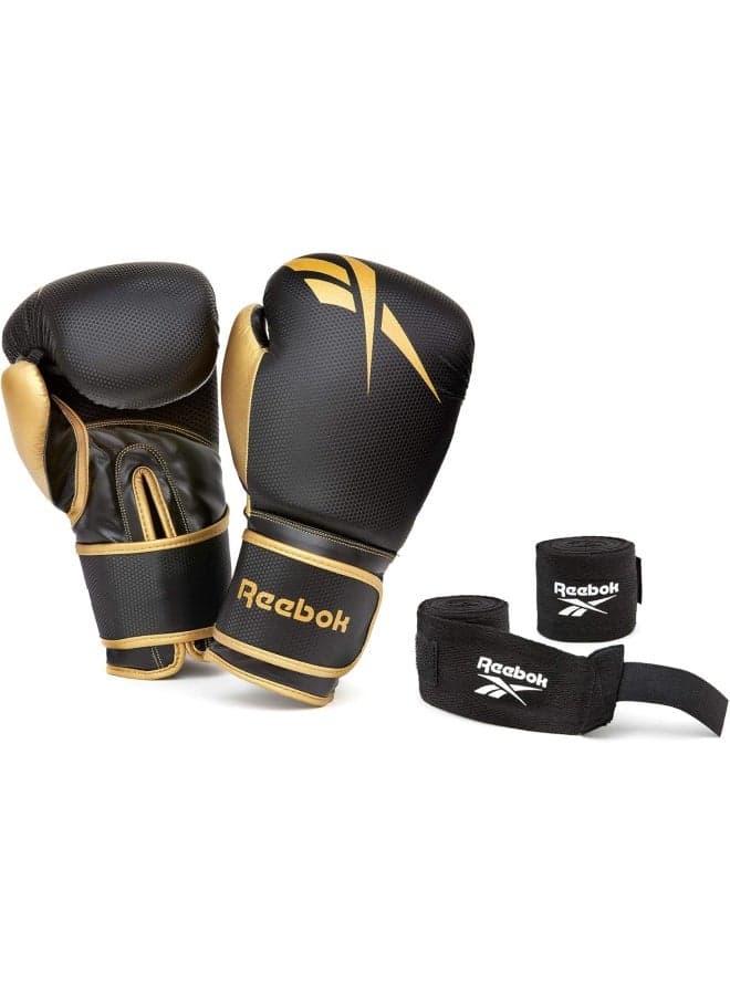 Reebok 12oz Boxing Gloves + Hand Wraps Set – Gold/Black, Professional Sparring Kit with Wrist Support