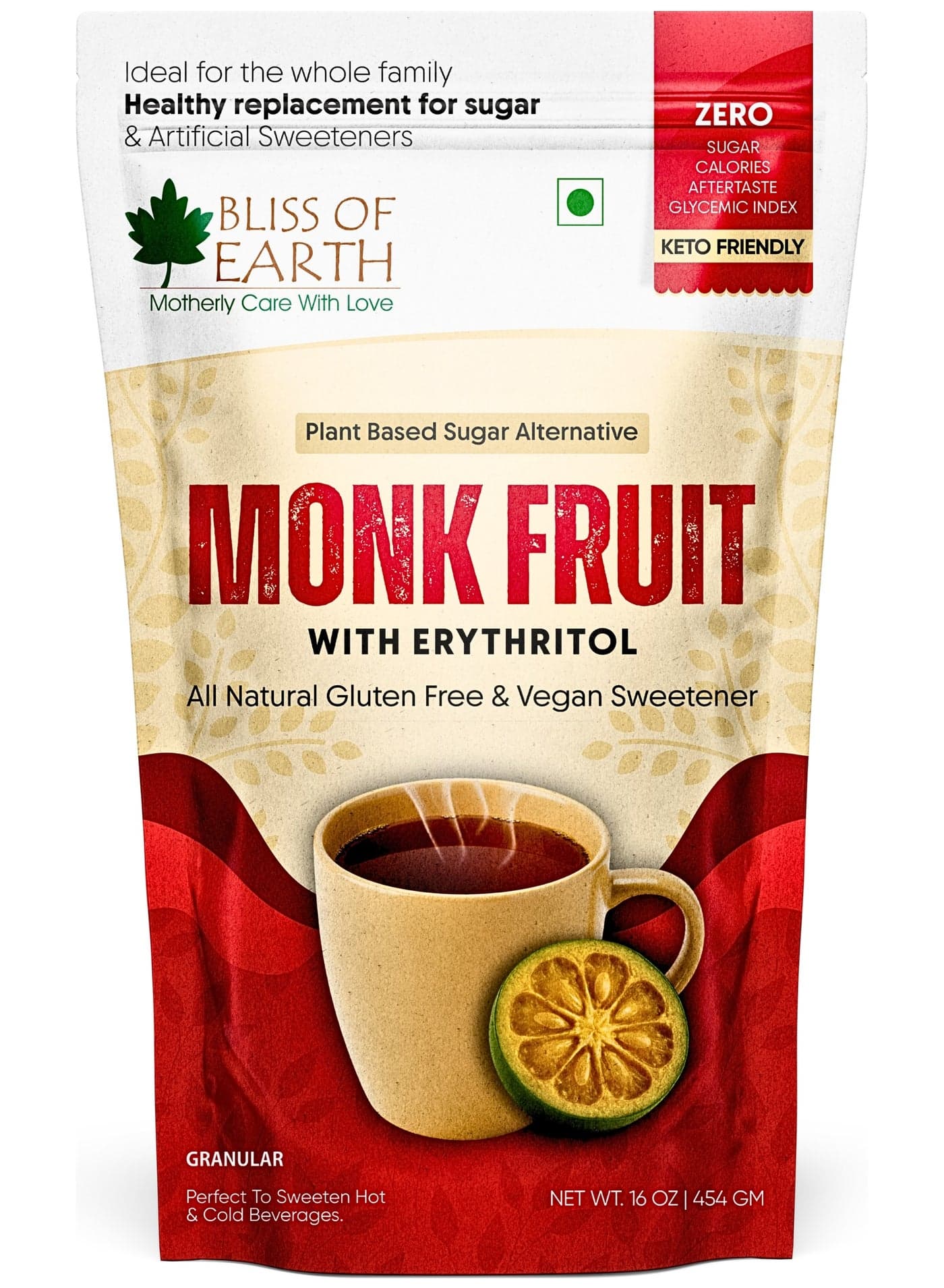 Bliss of Earth Monk Fruit Sweetener with Erythritol 454g, Zero Sugar, Zero Calories & Zero Glycemic Index, Natural Sugar Substitute for Keto Diet, Vegan, Gluten Free Sweetener for Tea, Coffee, Baking & Cooking