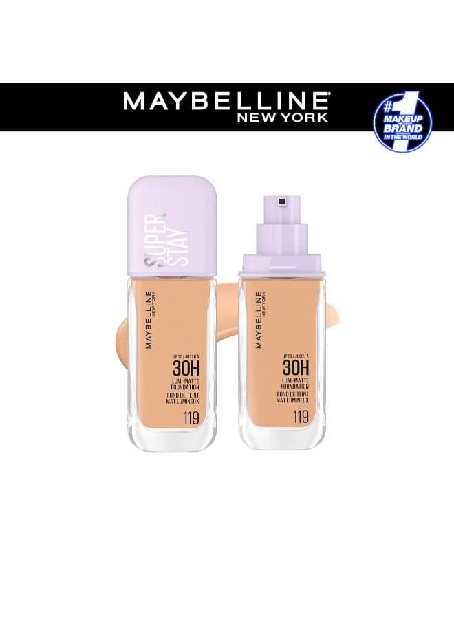 MAYBELLINE SUPER STAY LUMI-MATTE FOUNDATION 30H LONGWEAR, LIGHTWEIGHT, WATERPROOF, SWEATPROOF, HEATPROOF, STAY TRUE TO TONE ALL DAY, 119