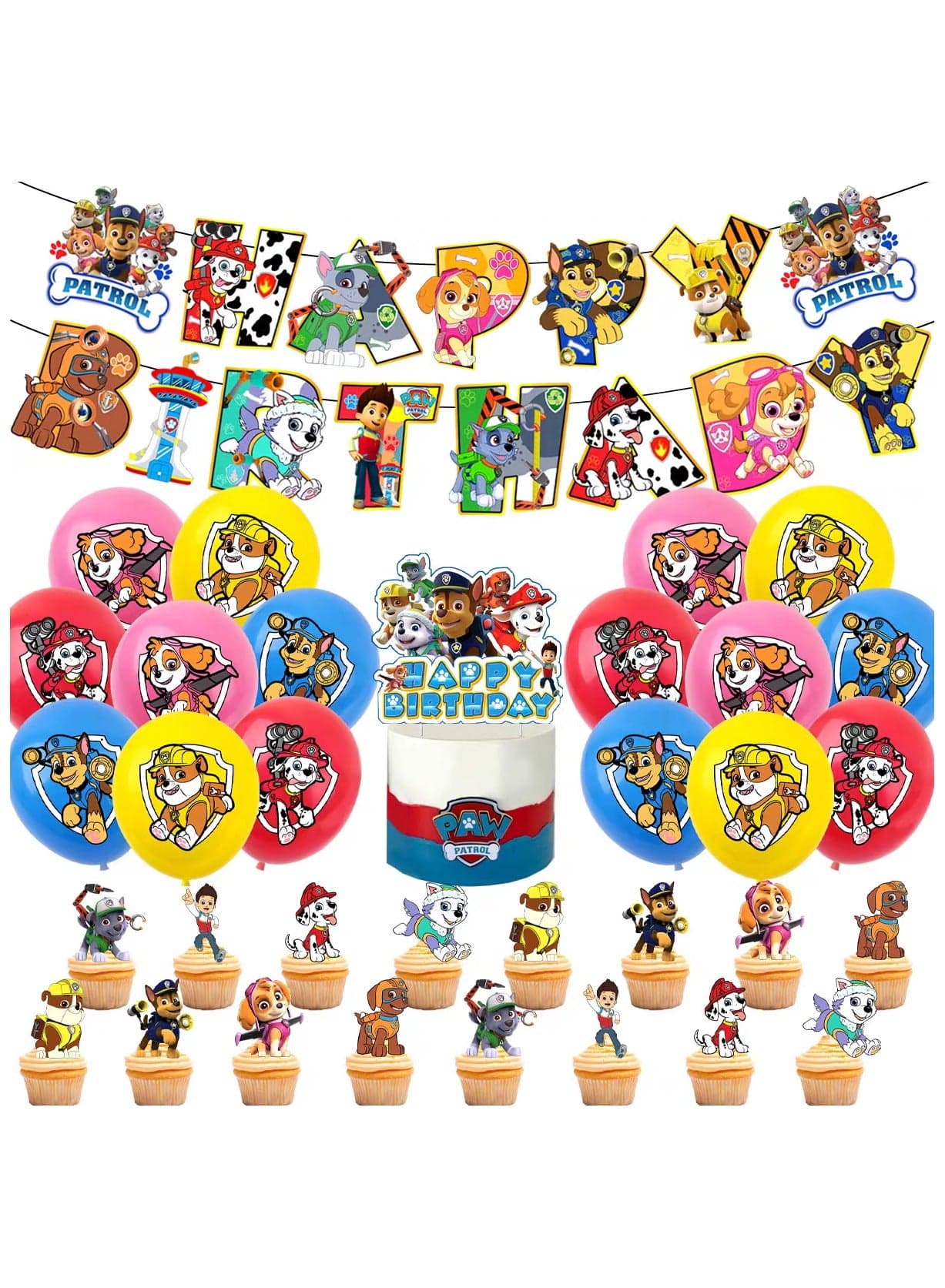 Paw Patrol Theme Balloon Set with Happy Birthday Banner,Cake Topper,Hanging Spins,Perfect for Graduation Baby Shower Birthday Bachelorette Party Backdrop Decoration,Suitable for Indoor and Outdoor
