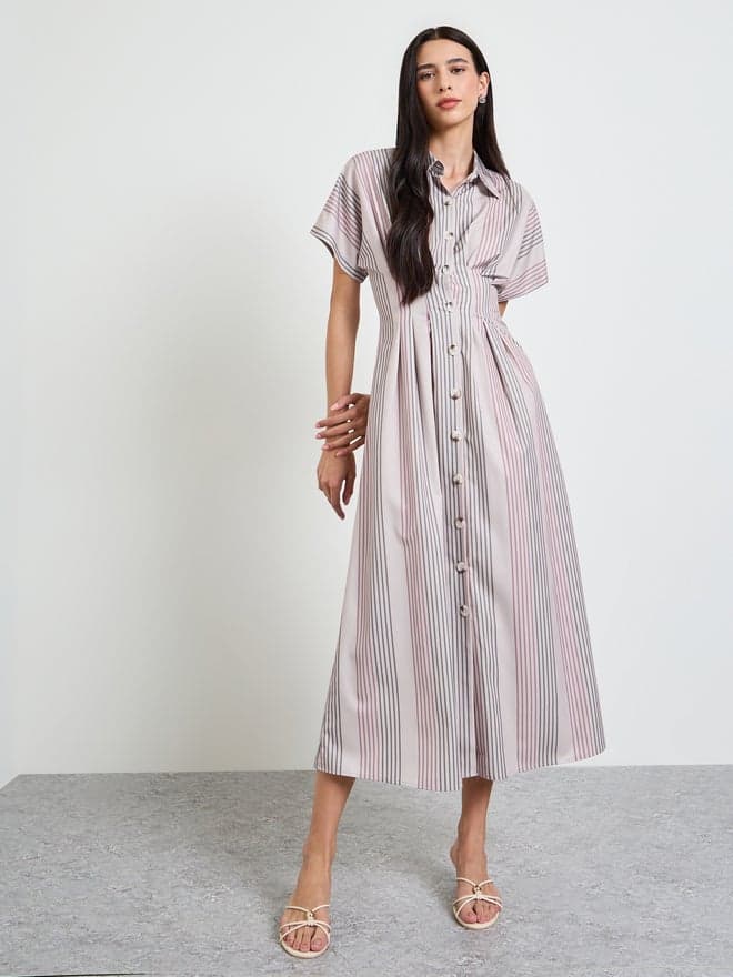 Styli Beige Fitted Waist Striped Shirt Maxi Dress