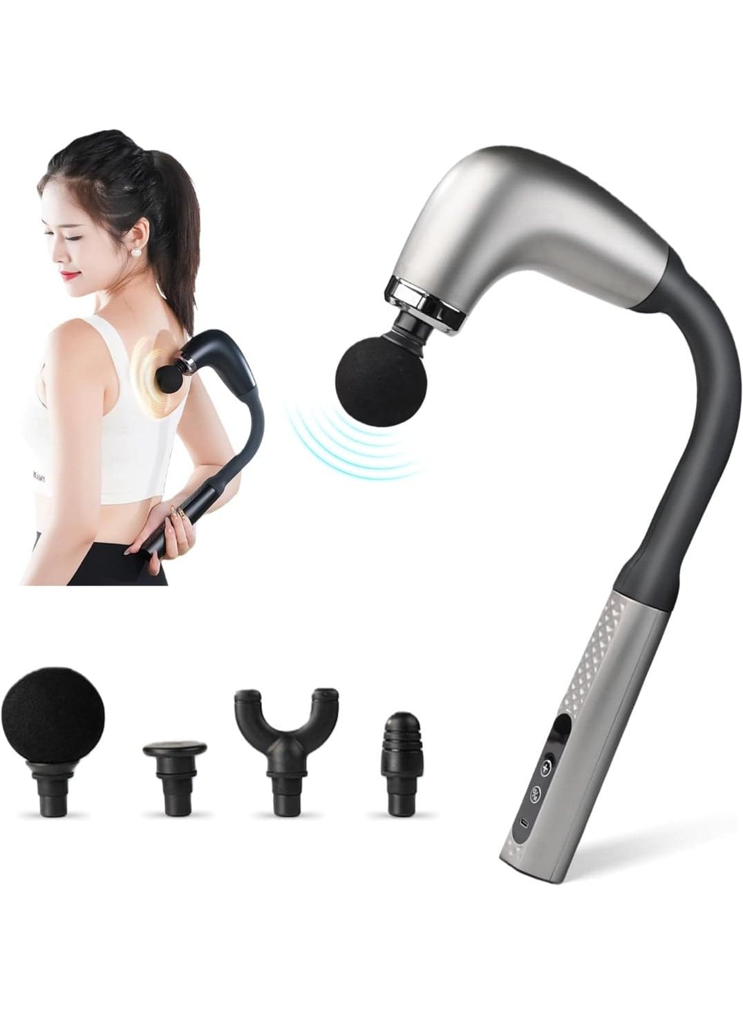 Deep Tissue Massage Gun for Back & Full Body – Long Handle Percussion Muscle Massager with 4 Replaceable Heads, Adjustable Speeds & Quiet Motor – Relieve Muscle Pain, Soreness & Stiffness (Silver)