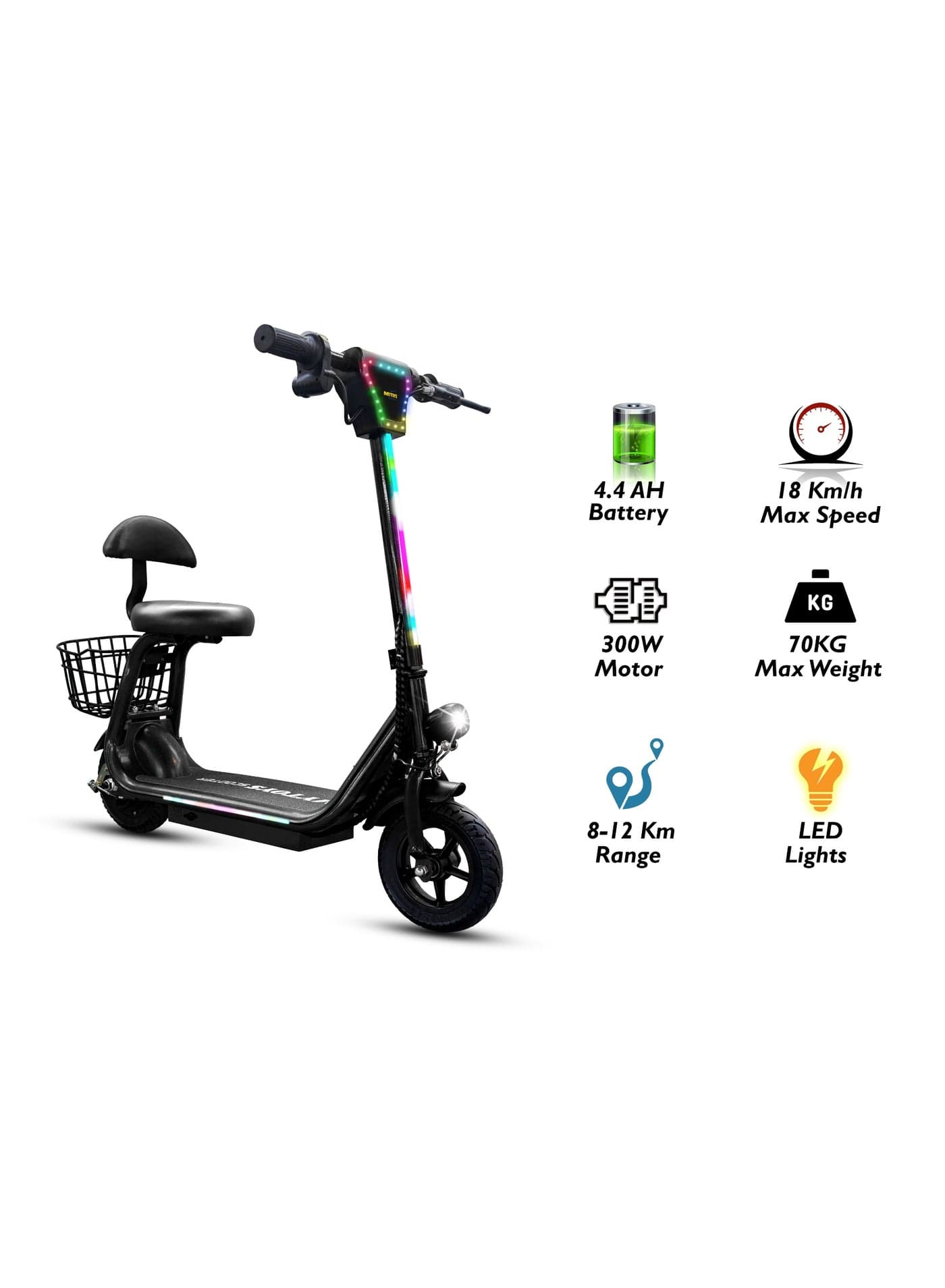 MT390 2025 Kids Electric Scooter With Seat Led Light On Handle And Deck, Bluetooth Speaker, Key Start,300W Brushless Motor Three Speed Modes 18km/h Electric Scooter For Kids