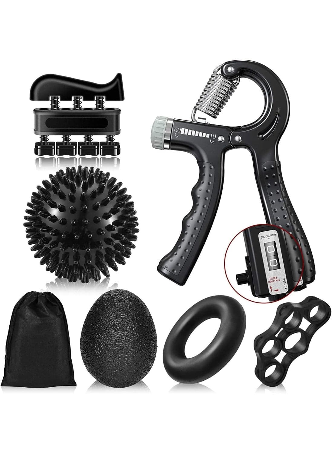Grip Strength Trainer Kit with Counter 6 Pack, Adjustable Hand Grip Strengthener, Finger Exerciser, Finger Stretcher, Grip Ring and Stress Relief Grip Ball, Massage Ball for Recovery