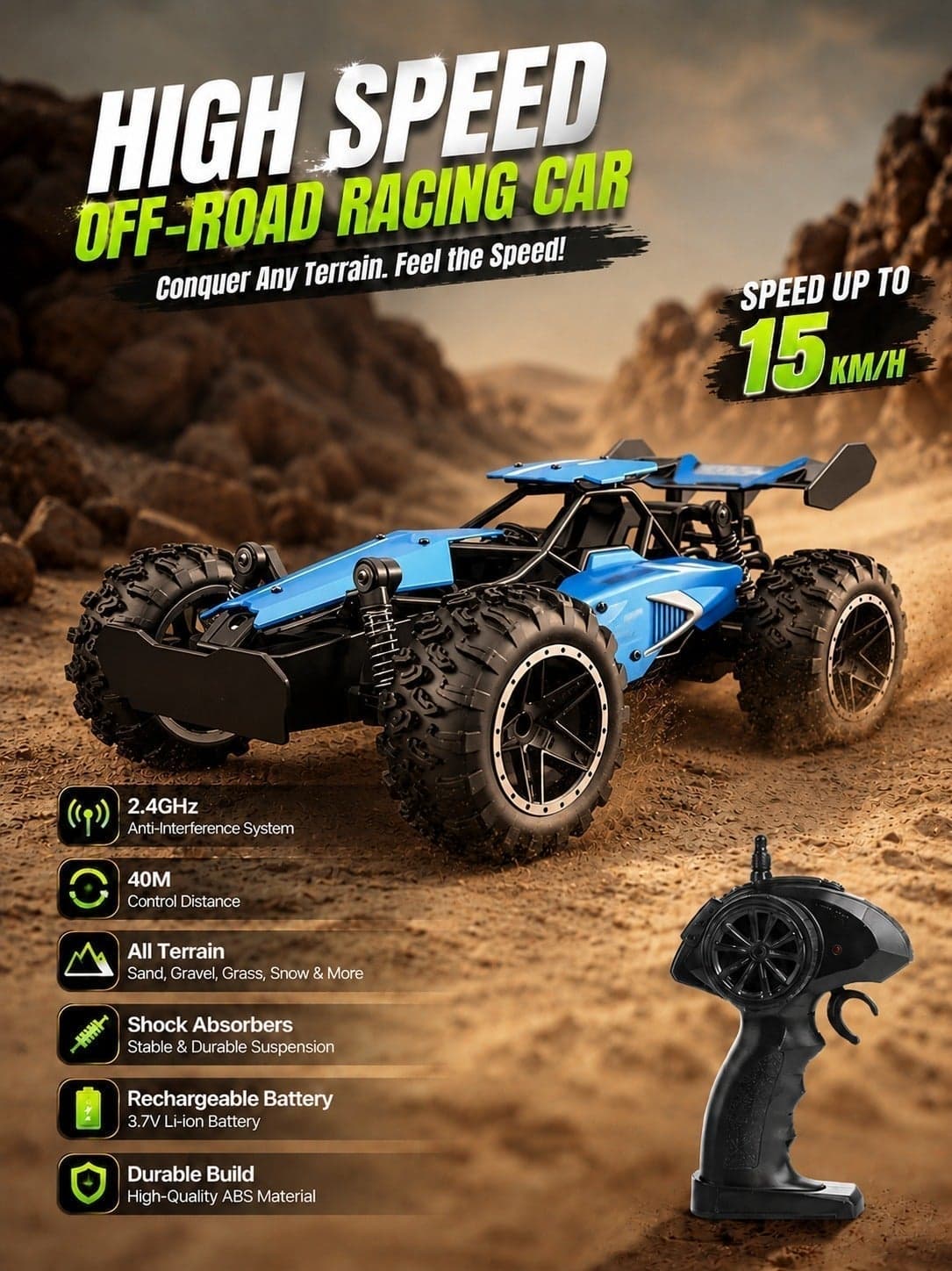 Blue High-Speed Remote Control Off-Road RC Car, 2.4GHz Racing Buggy Toy with Rechargeable 3.7V Battery, USB Charging Cable, Large Tires and Shock Absorbers for Indoor and Outdoor Play