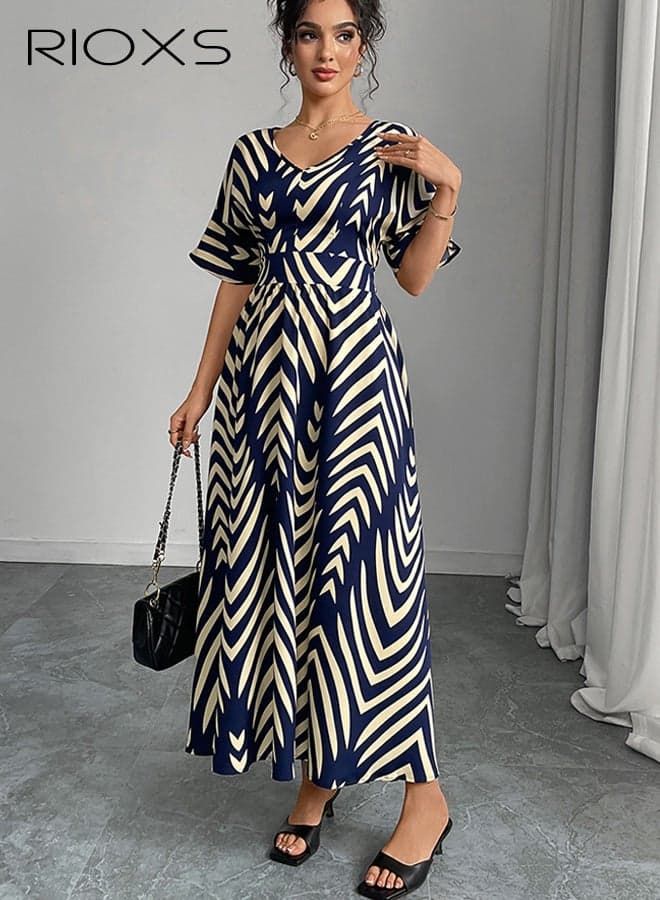 Womens Stripped V-neck Maxi Dresses, Summer Breathable A-line Elastic High Waist Long Dress with Midi Sleeve, Soft Flowy Stripped Dress for Vacation Holiday Dating Daily Wearing