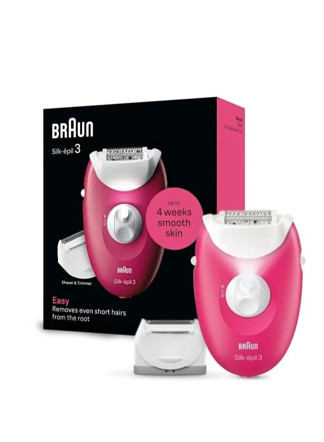 Silk-epil 3 SkinSpa 3-032 Epilator, Shaver head, Cleaning Brush, Smart Light, Corded Red & White