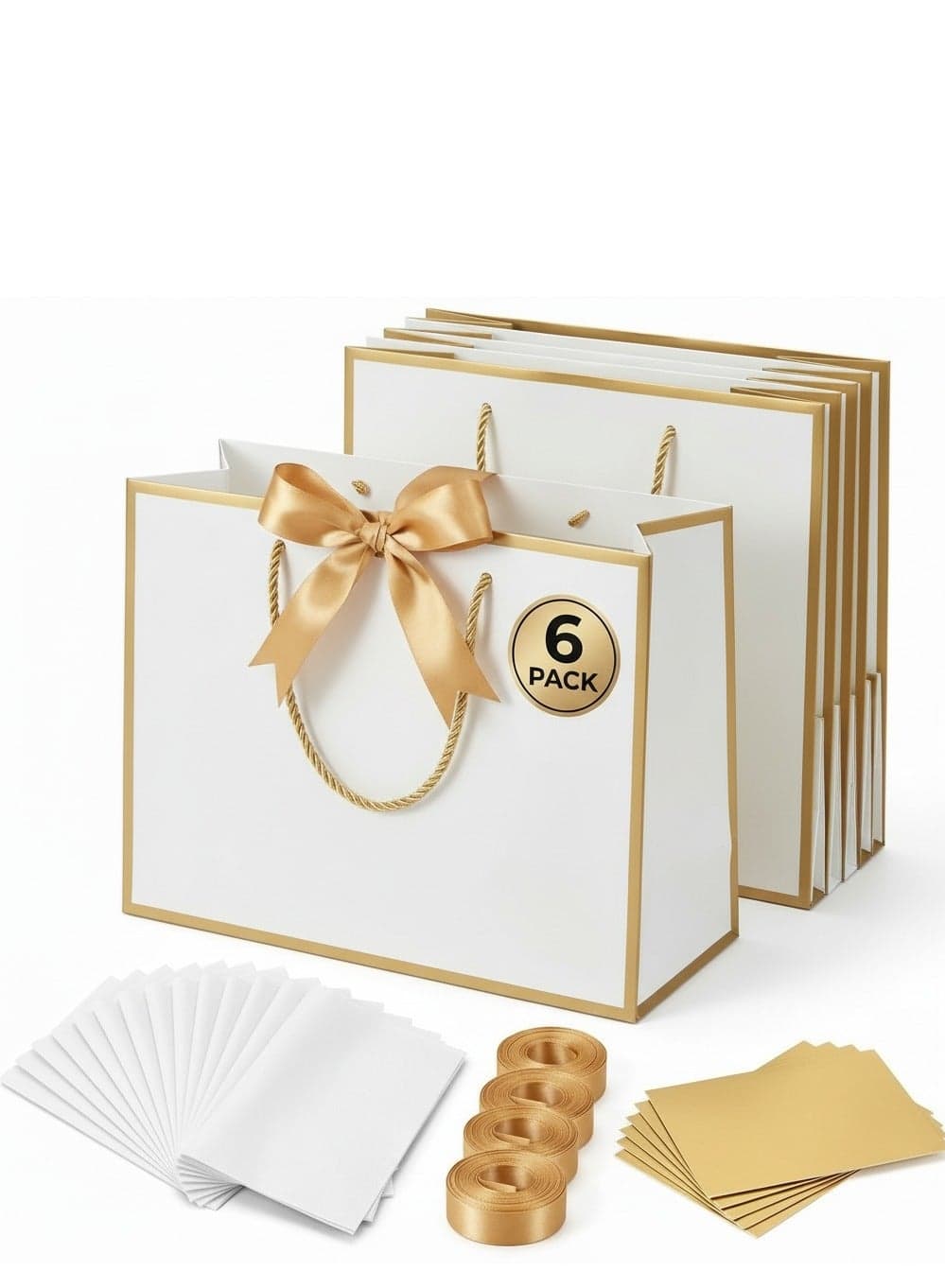6-Pack Luxury Small/Medium White Gift Bags with Gold Trim (28×10×20 cm) – Includes 6 Gold Ribbons, 6 Greeting Cards & 12 Matching White Tissue Sheets – Premium Gift Bag Set