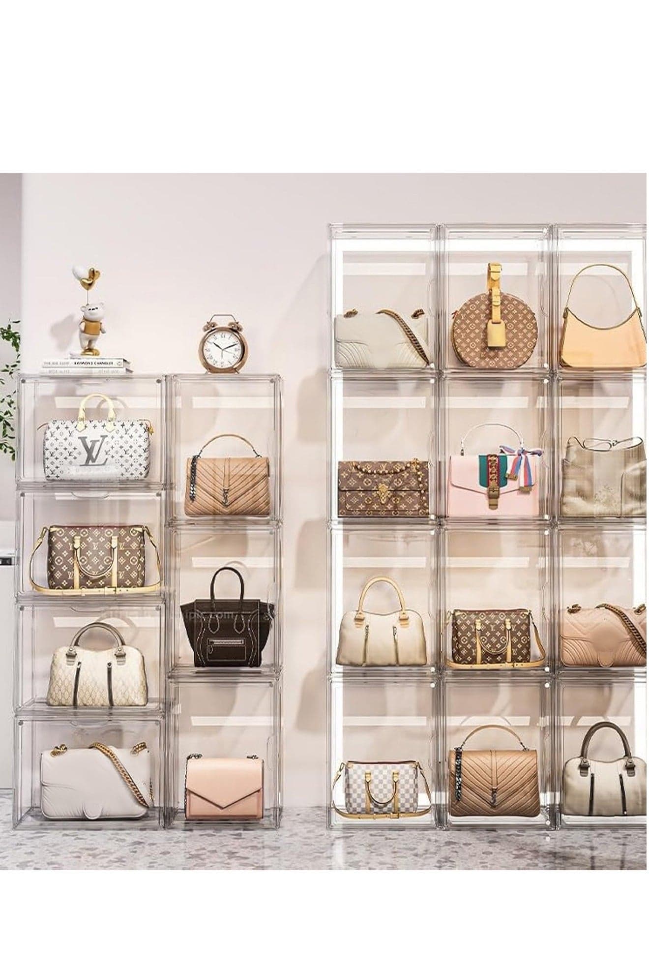 Handbag Storage Organizer for Closet Acrylic Display Box Stackable Storage with Magnetic Door for Figure Hat Toys Books and Bags