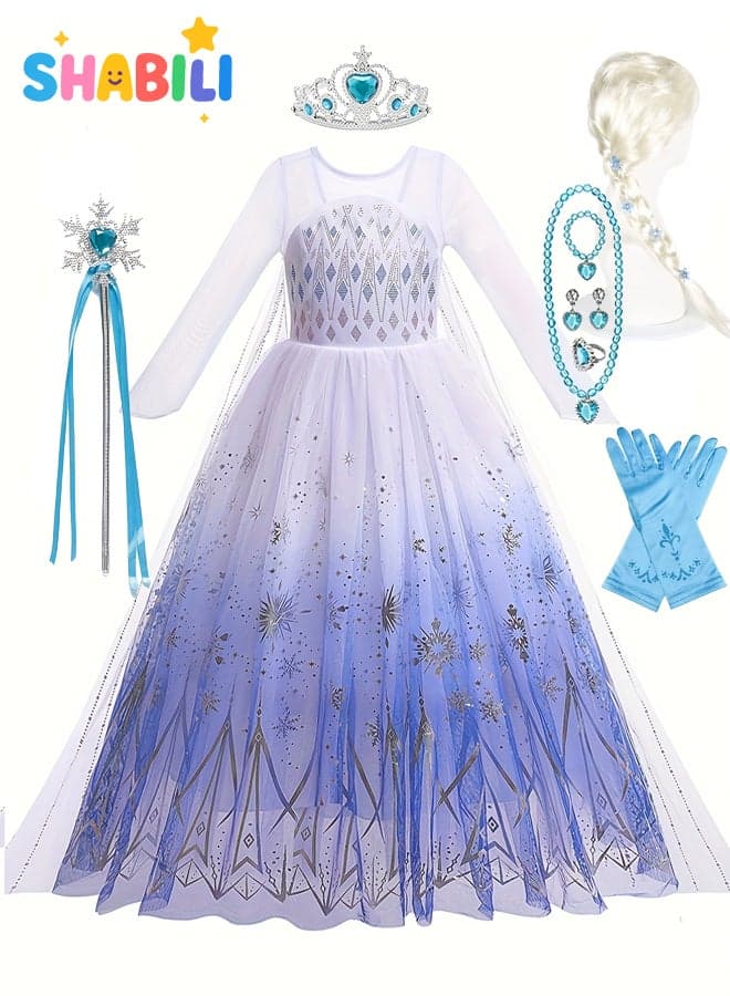 Princess Dress-Up Set Long Sleeve Costume Dress with Blonde Braid & 7 Accessories for Girls Kids Birthday Role Play