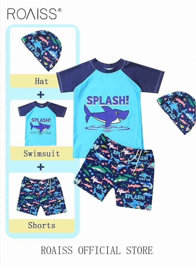 3 Piece Kids Swimsuit with Cap Set Toddler Boys Letter Shark Print Swimwear Children Swimming Trunks Short Sleeves Top Clothing Beachwear Bathing Suit for Summer Blue/Multicolor