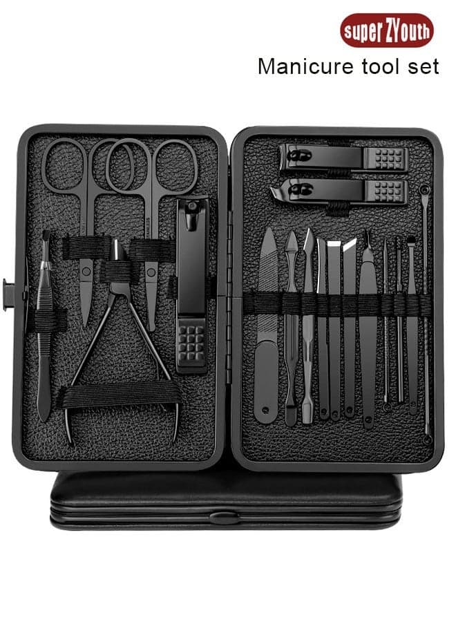 18 Piece Professional Pedicure and Nail Clipper Manicure Tool Set for Face Hand and Foot Care Black