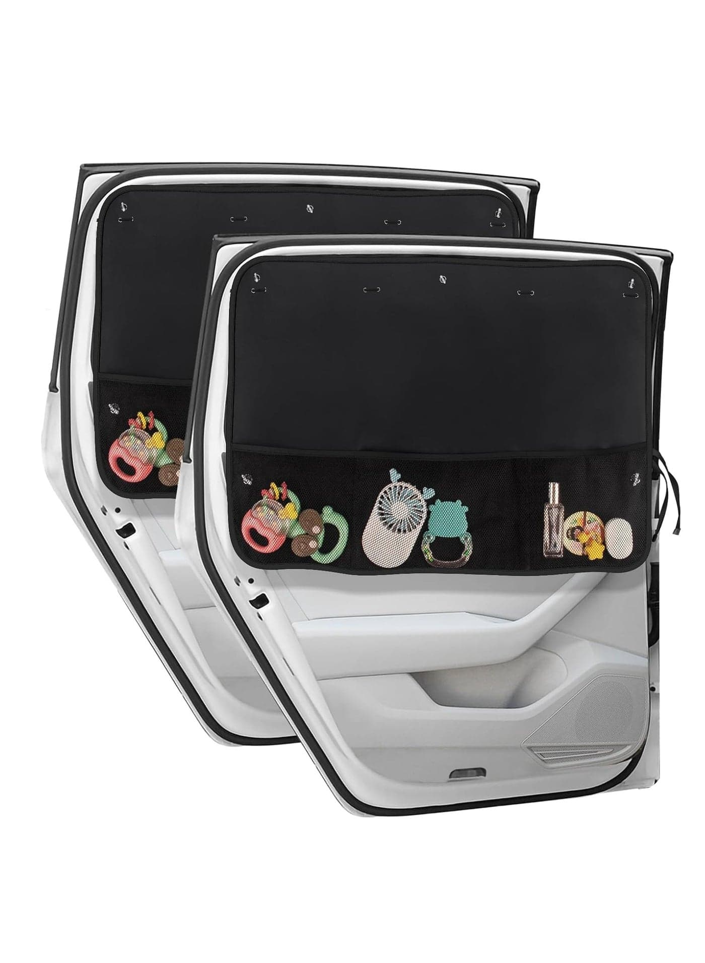 2 Pcs Car Sun Shade Side Window, with Storage Net Pockets Car Curtains 7 Suction Cups, Sun Block Covers, black