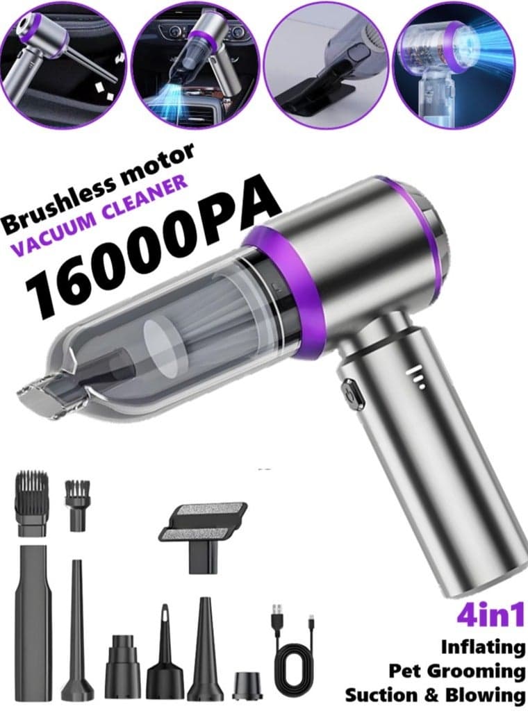 مكنسة كهربائية للسيارة عالية الطاقة 16000 باسكال مع منفضة هواء مضغوط، مكنسة كهربائية محمولة بمحرك بدون فرشاة وإضاءة LED، 4 في 1 شفط ونفخ ونفخ وتنظيف الحيوانات الأليفة مكنسة كهربائية لاسلكية محمولة للسيارة والمنزل والمكتب والتخييم - فضي أرجواني