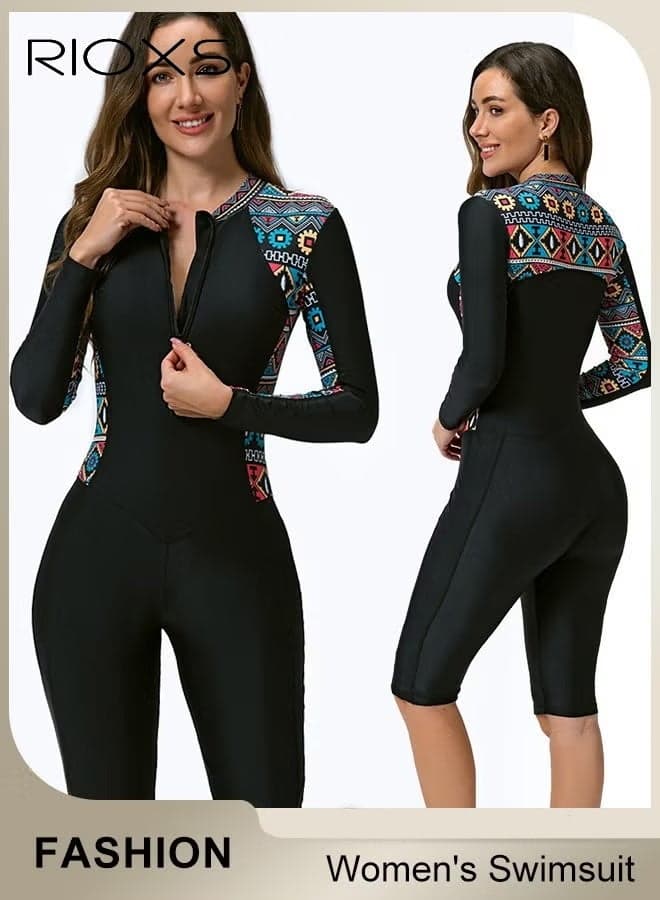 Women's One Piece Rash Guard Swimsuit, Long Sleeve Boyleg Sun UV Protection Swimwear for Ladies, Printed Modest Bathing Suits, Tummy Control Zip Front Wetsuit, Ladies Sport Swimsuit Surfing Swimwear for Swimming, Surfing, Diving, Wakeboarding, Snorkeling and Beach Vacations