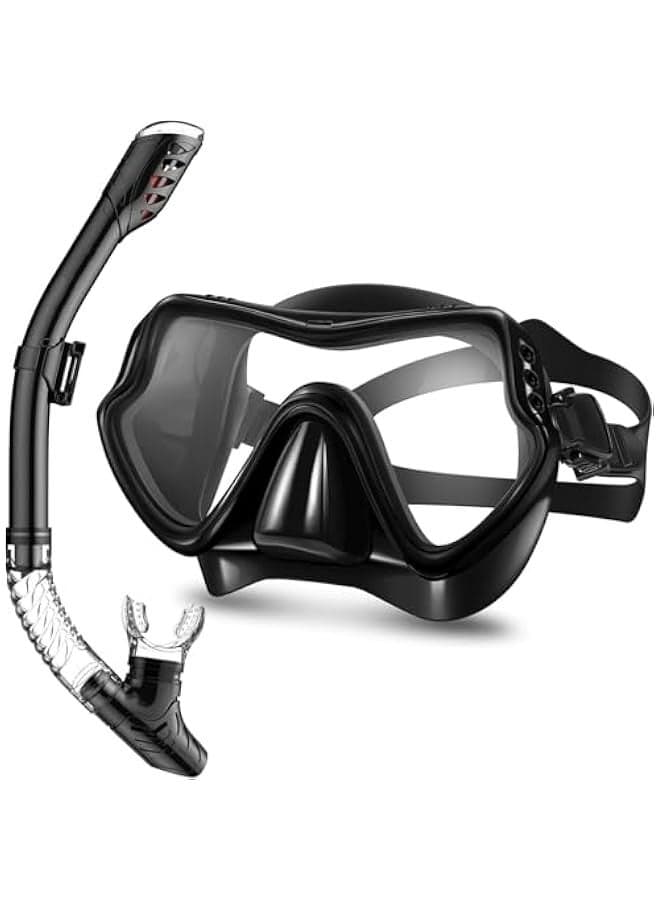 Snorkel Mask Set Snorkeling Gear Dry Snorkel Set and Mask Kids Adults Anti Fog 180 Degree Seaview with Mesh Bag, Scuba Diving Swimming Training Equipment Men Women