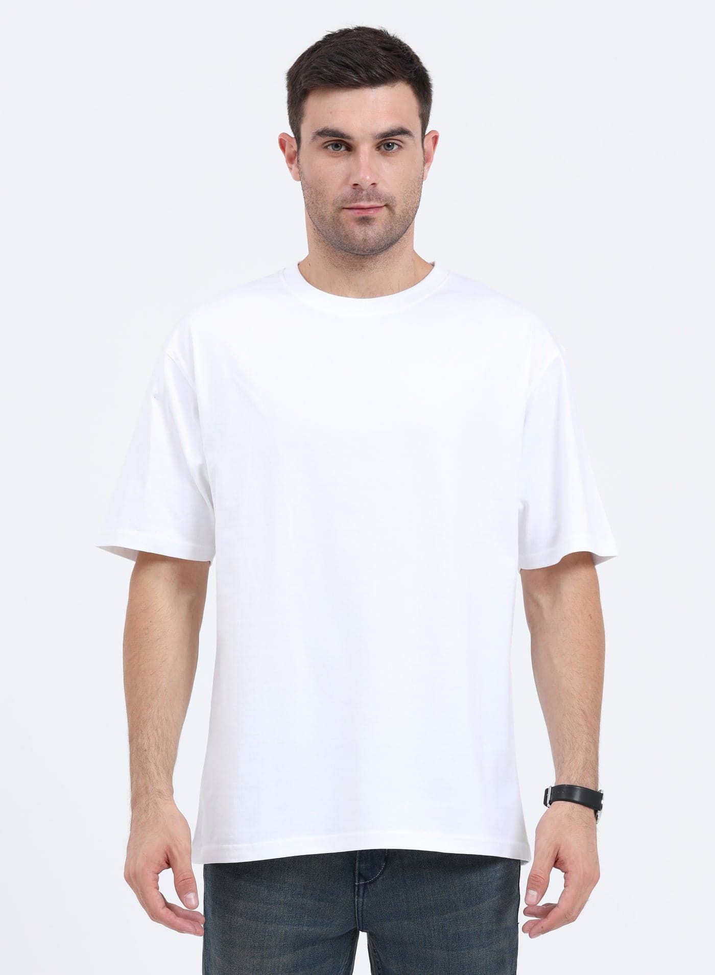 Unisex Drop Shoulder Half Sleeves Cotton Oversized T-Shirt (White)