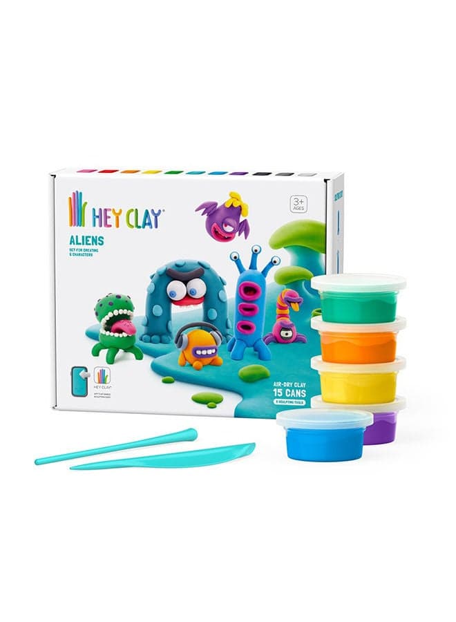 Aliens Set-Colourful Modeling Kids-Air Dry Clay Kit 15 Cans And Sculpting Tools