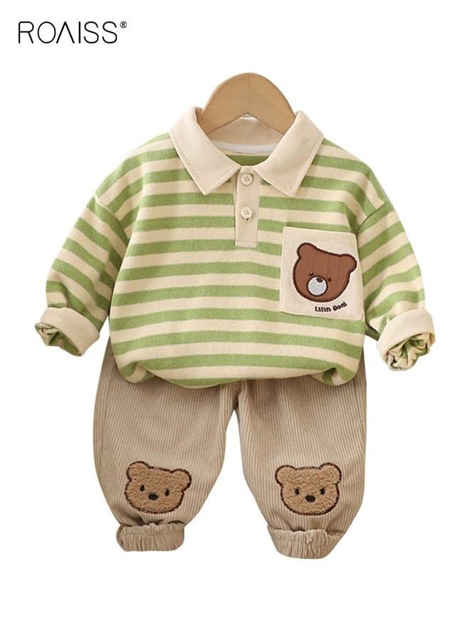 2PCS Boys Fall Spring Outfits, Stylish Polo Shirt and Pants Set for Toddlers, Long Sleeve Striped Top and Elastic Waist Cuffed Pants Set, Suitable for Daily Wear or Any Occasion