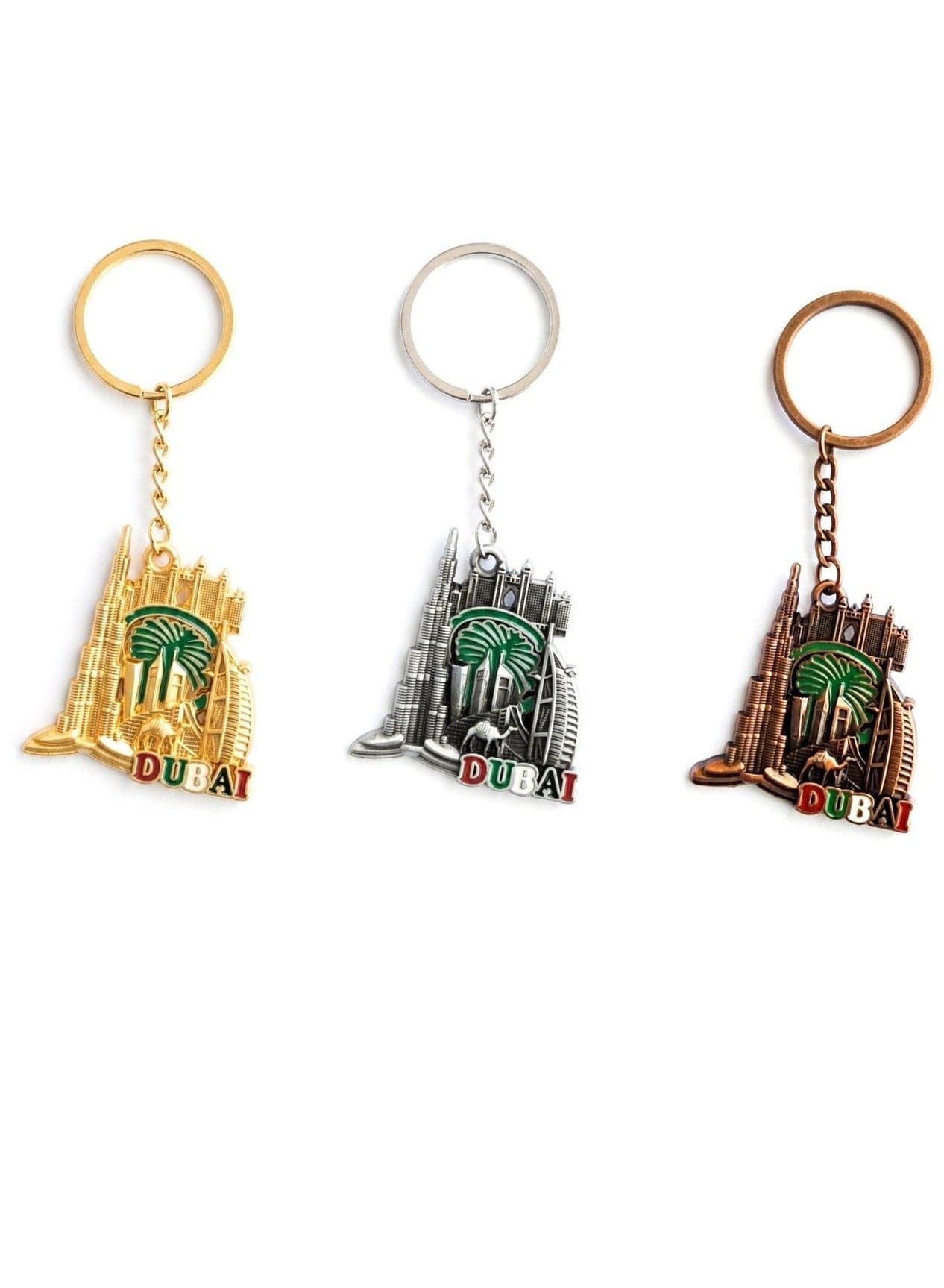 Metal keychain 3pcs, featuring Iconic Burj Khalifa,Palm, Atlantis Dubai,one Design in three vibrant colors—perfect as a souvenir, Give away gift, or everyday accessory & Return gift.