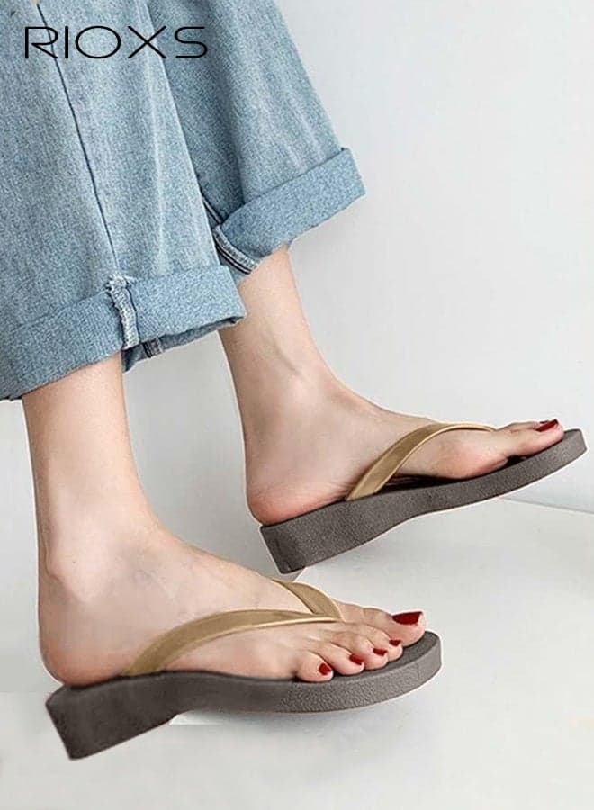 Women's Flip Flop Slippers, Chunky Heel Slippers for Women, Non-Slip Thick Sole Platform Slippers, Ladies Casual Thong Sandals, Cozy Shower Slippers, Slides Sandal Slippers, Leisure Flip Flop for Women, Indoor Outdoor Slippers for Bathroom Beach Sand Pool Deck, Brown Flip-Flops